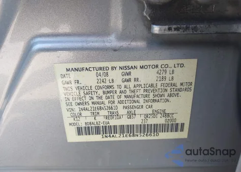 2008 Nissan Altima 2.5/2.5S из США, поврежденный, VIN 1N4AL21E68N526610